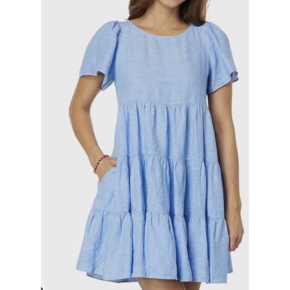 Lilly Pulitzer Jocelyn Boca Linen Tiered Flutter Sleeve Dress in Blue sz L